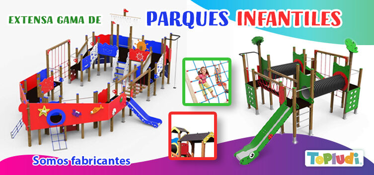 Juegos al aire libre y exterior TOPLUDI. Columpios, Camas elásticas, Coches  de pedales. Toboganes, Karts, circuitos calistenia y agility.