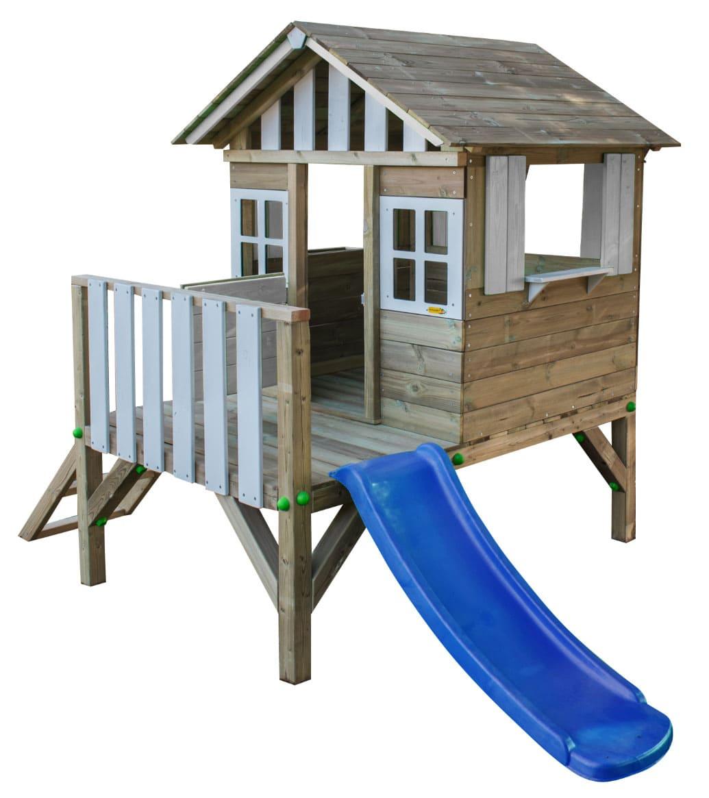 Casita infantil de madera elevada con tobogán MASGAMES Lollipop blanca tobogan azul