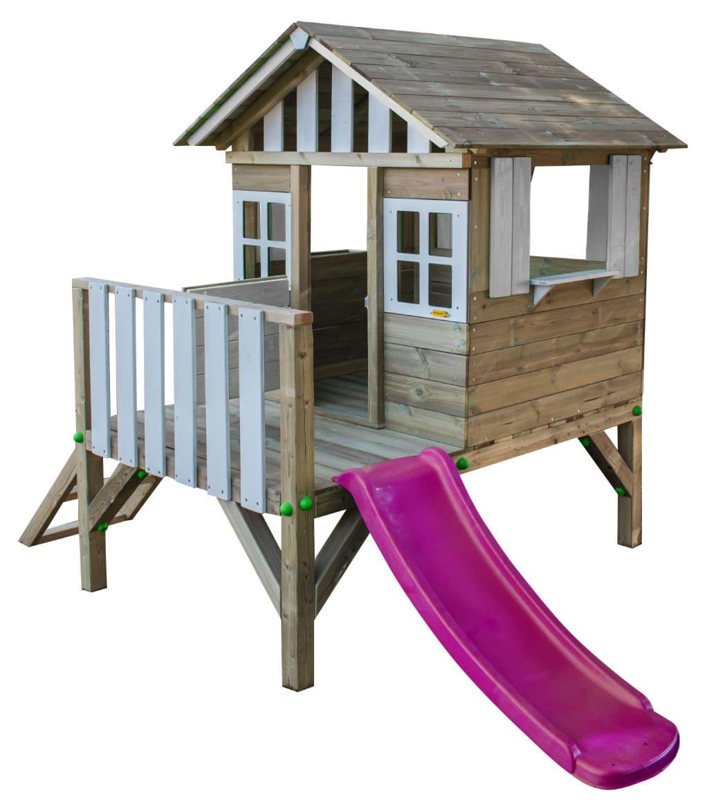 Casita infantil de madera elevada con tobogán MASGAMES Lollipop blanca tobogan rosa