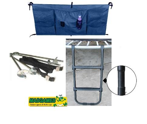 escada, bolsa para guardar os sapatos, âncoras para o trampolim.