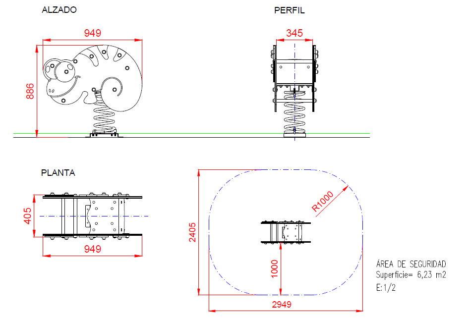 medidas Balancín muelle individual CAMALEÓN ADAPADO de doble panel uso público