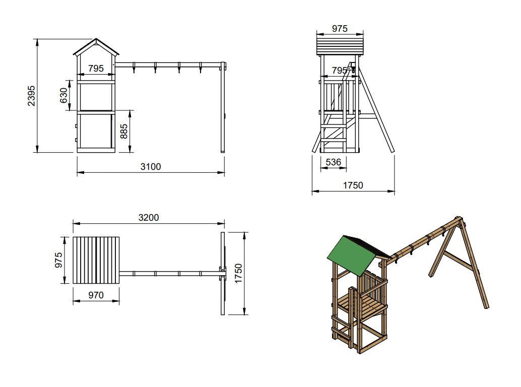 Parque infantil MASGAMES CARLIT de madera con techo de lona, torre con tobogán y columpio de dos plazas