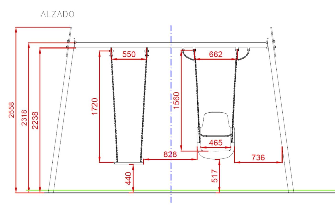 Medidas alzado Columpio Biplaza Inox Inclusivo