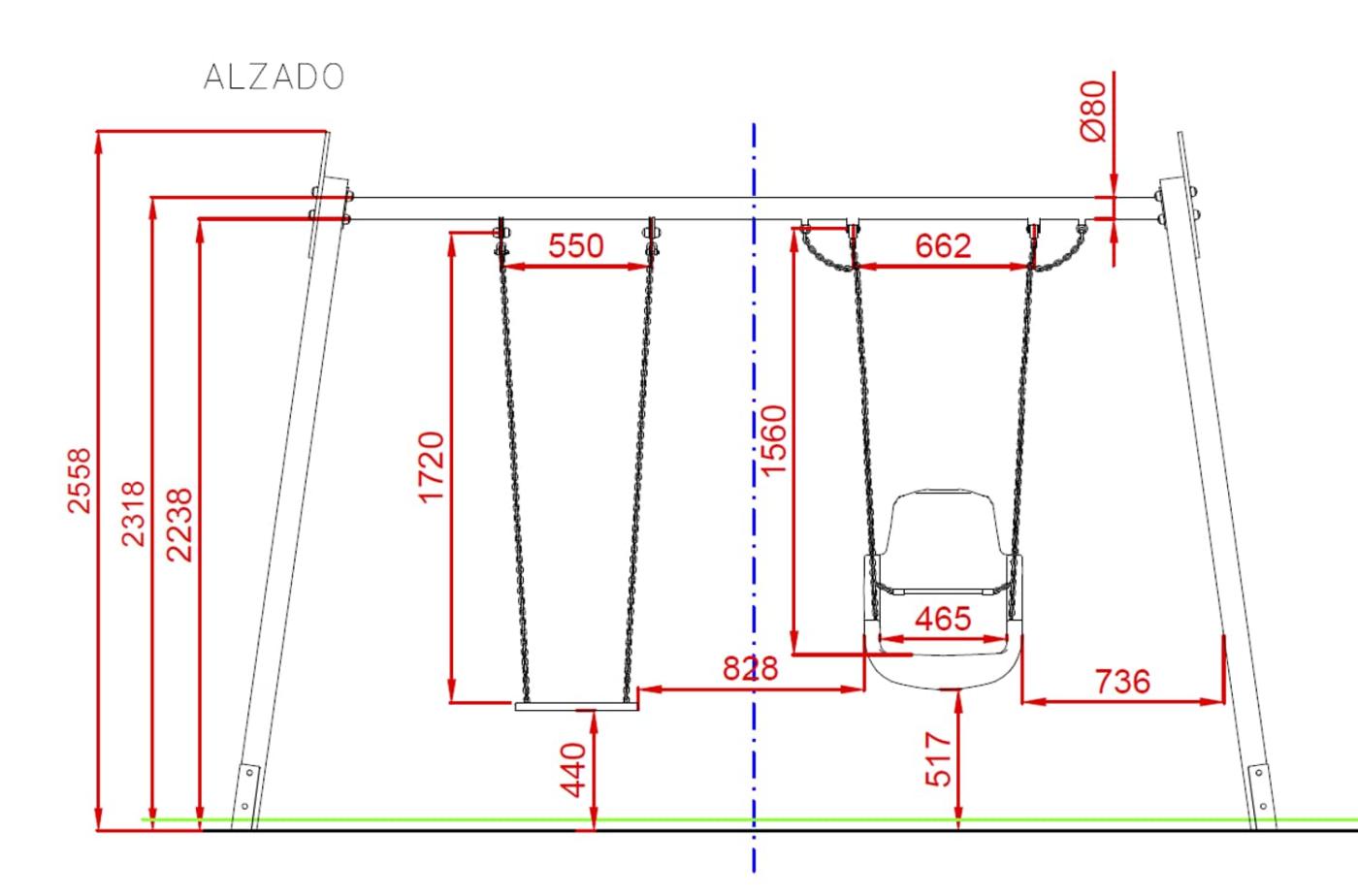 Medidas alzado Columpio Biplanza Inclusivo uso público