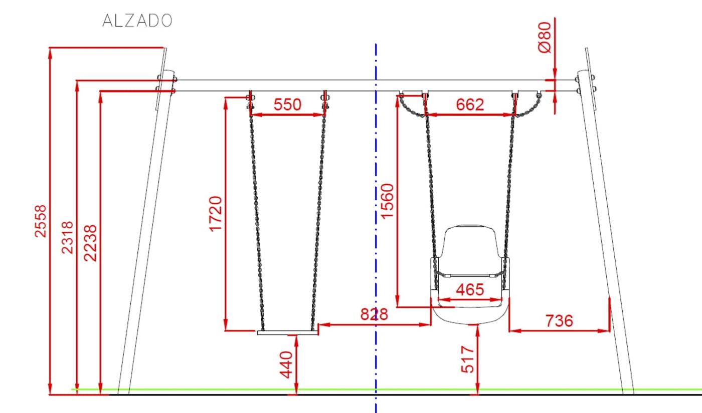Columpio Biplaza Metálico Inclusivo uso público medidas alzado