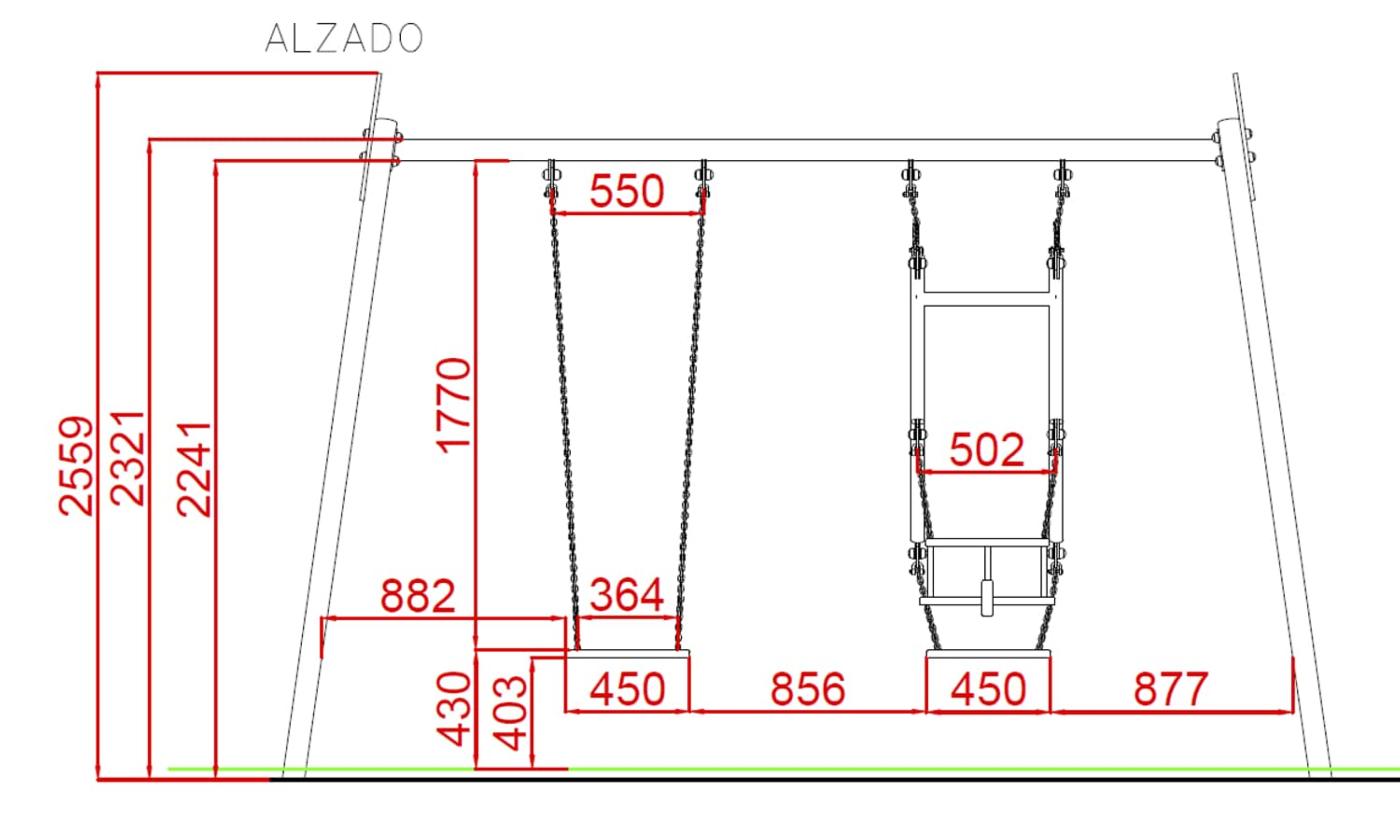 Columpio triple CHAXI INOX con asientos mixtos para uso público comercial