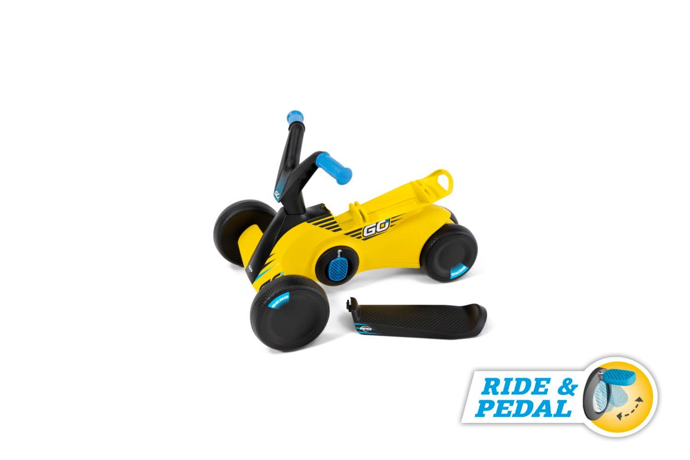BERG GO² SparX Yellow un caminador infantil que quan la mainada es fa gran li pots desplegar els pedals i es converteix en cotxe de pedals