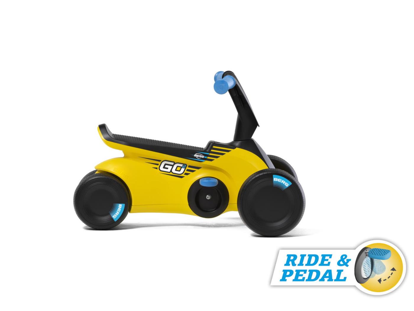 BERG GO² SparX Yellow un caminador infantil que quan la mainada es fa gran li pots desplegar els pedals i es converteix en cotxe de pedals