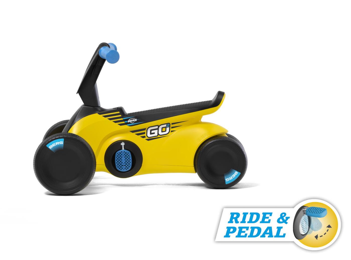 BERG GO² SparX Yellow un caminador infantil que quan la mainada es fa gran li pots desplegar els pedals i es converteix en cotxe de pedals