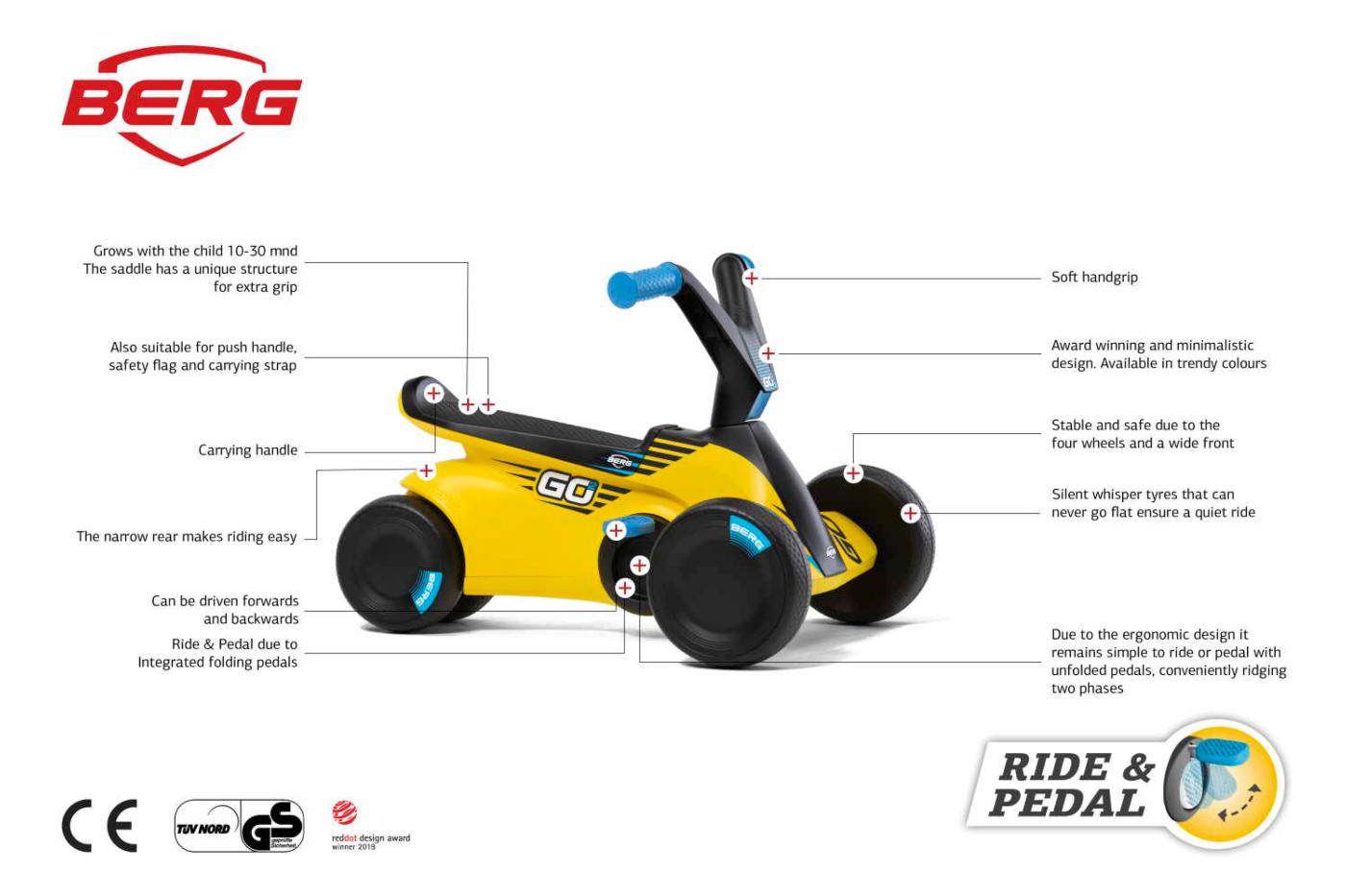 BERG GO² SparX Yellow un caminador infantil que quan la mainada es fa gran li pots desplegar els pedals i es converteix en cotxe de pedals