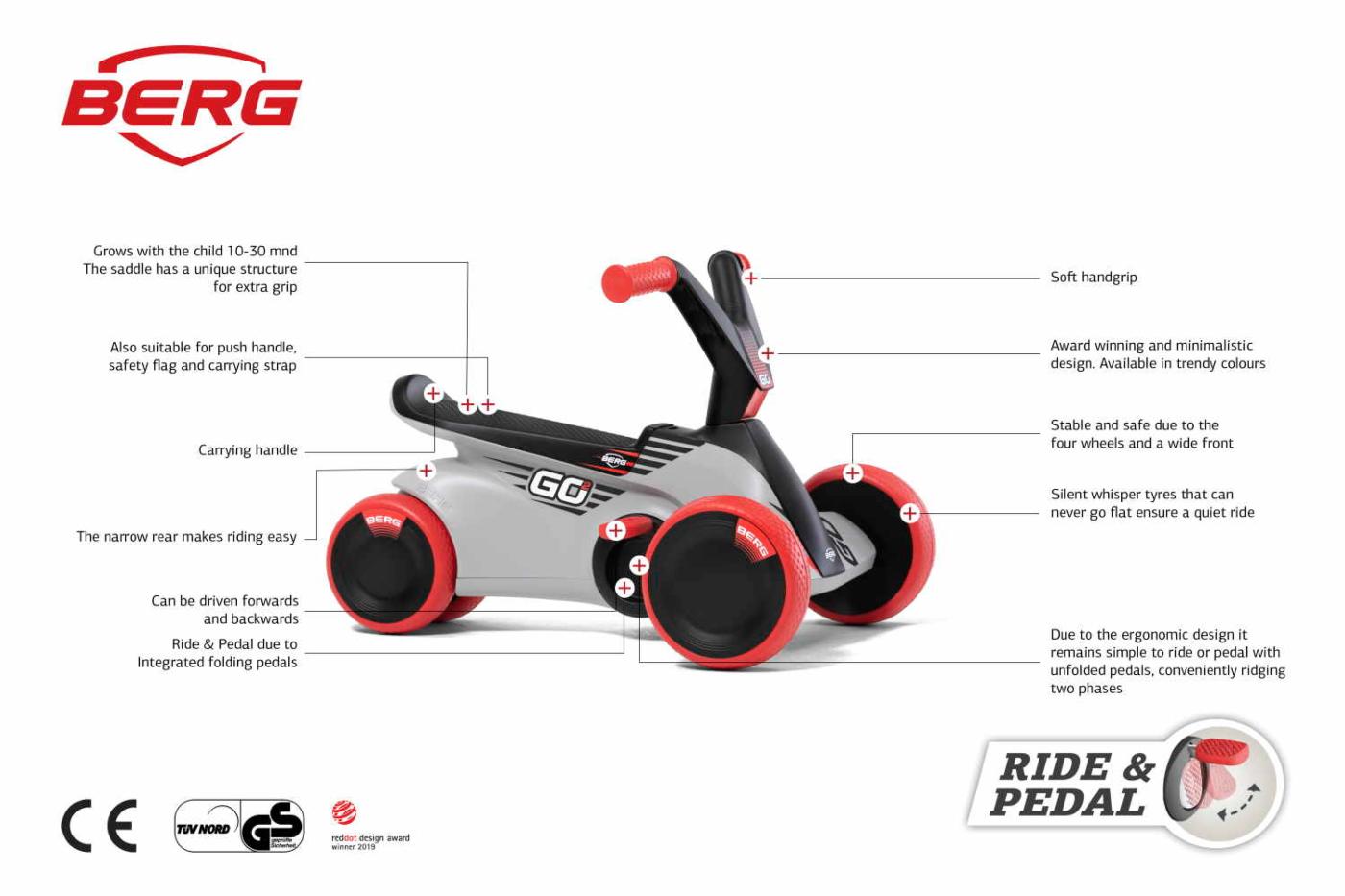 BERG GO² SparX Red caminhante evolutivo com carro de pedal
