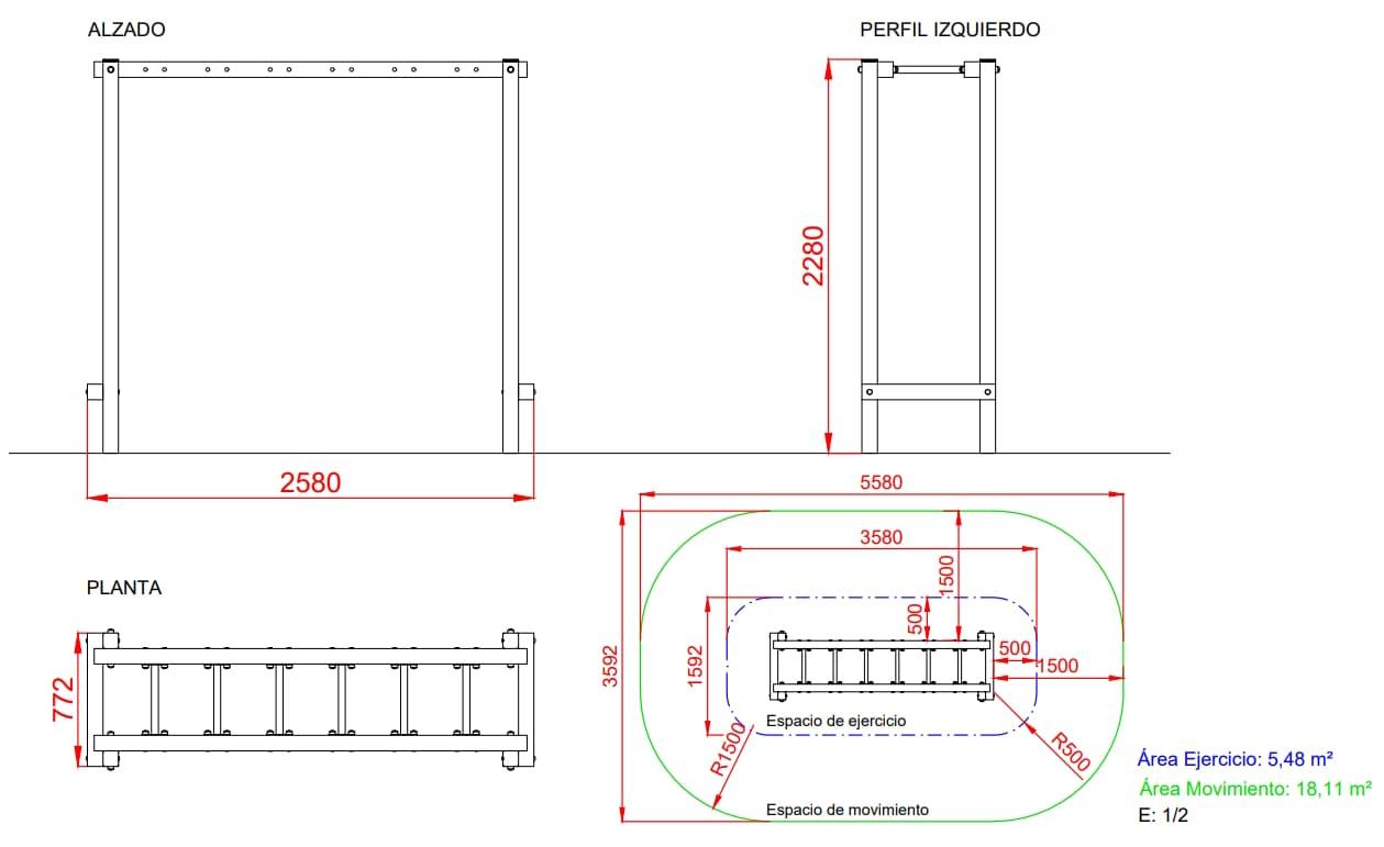 Aparelho para circuito de educação física: Escada horizontal para andar como um macaco.