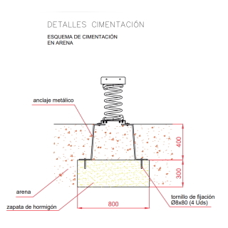 anclaje del balancín en suelo de arena