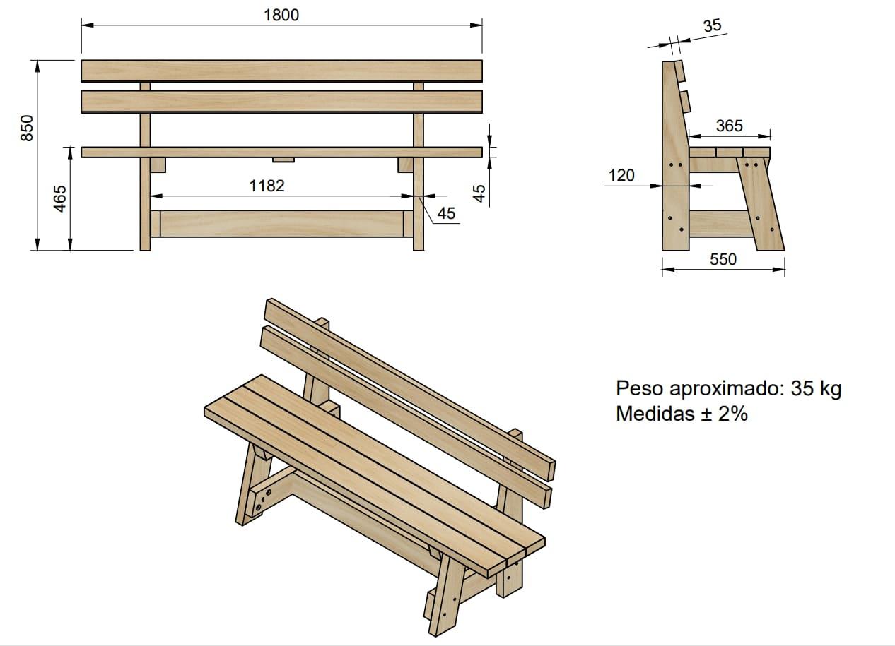 Banc de fusta exterior amb respatller MASGAMES VIC mides