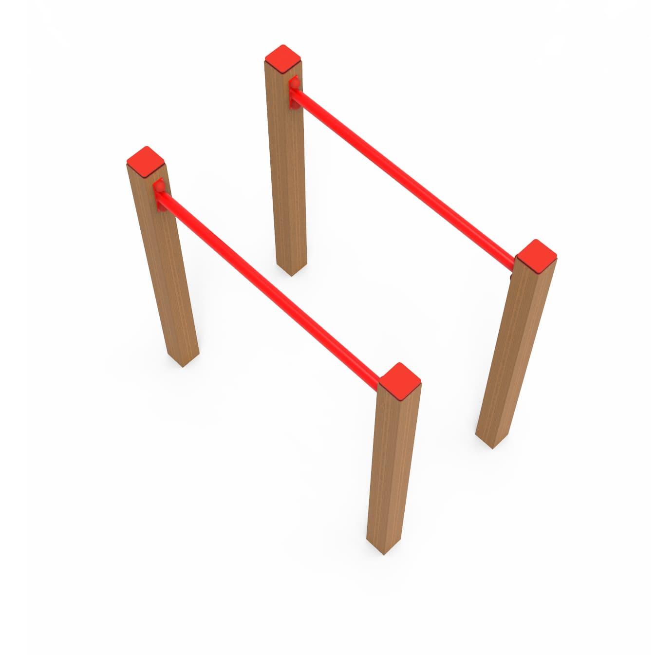 Material de educação física ao ar livre: barras paralelas de madeira.