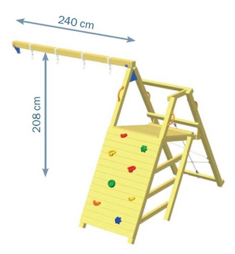 Columpio apoyado más rampa de escalada y rampa de cuerdas medidas