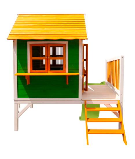 Casita infantil de madera Masgames FLAM Elevada con tobogán vista lateral