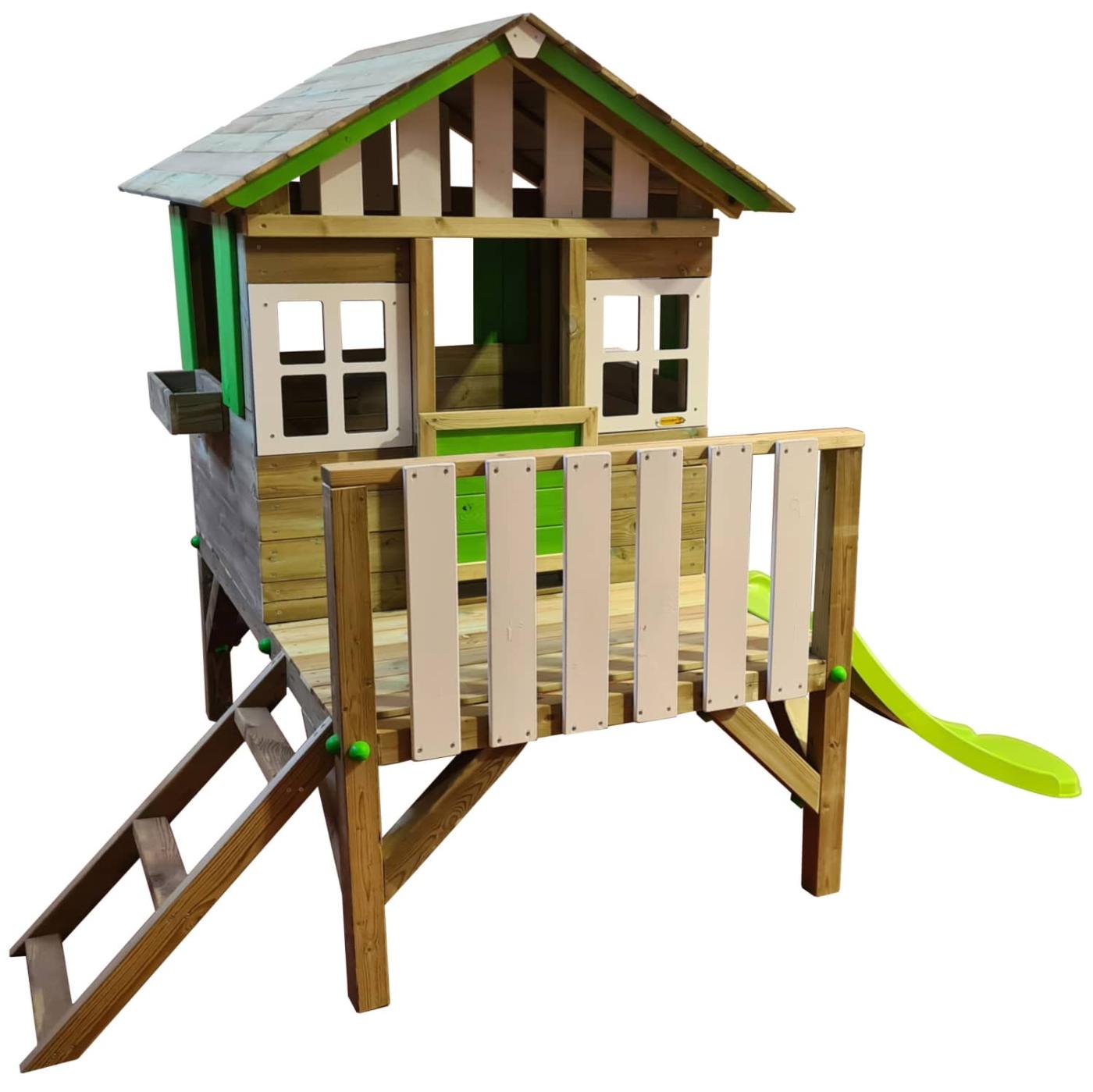 Caseta infantil de fusta elevada amb tobogan MASGAMES Lollipop verda