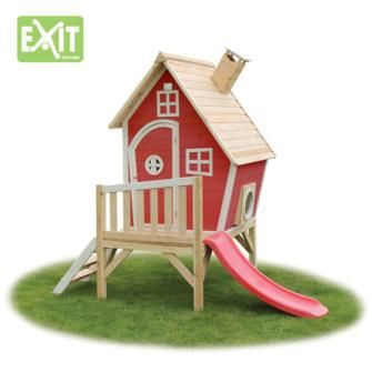 Casita de madeira infantil vermelha escorrega