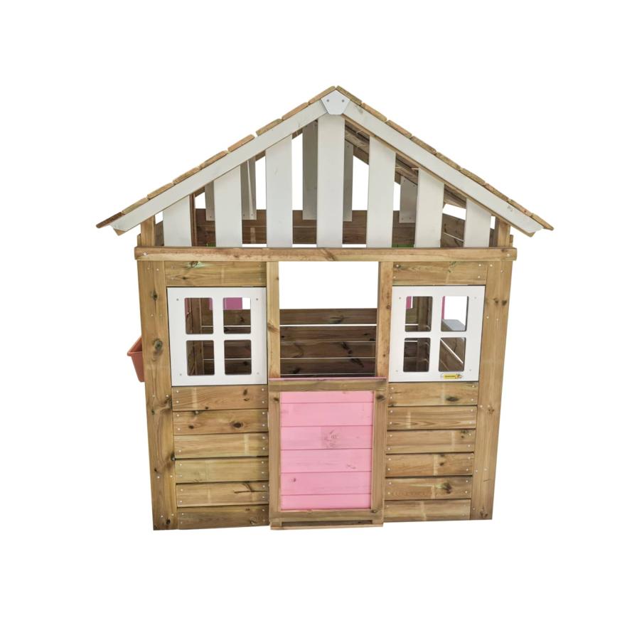 Bonita casa de madera para niños con banco, verja y buzón