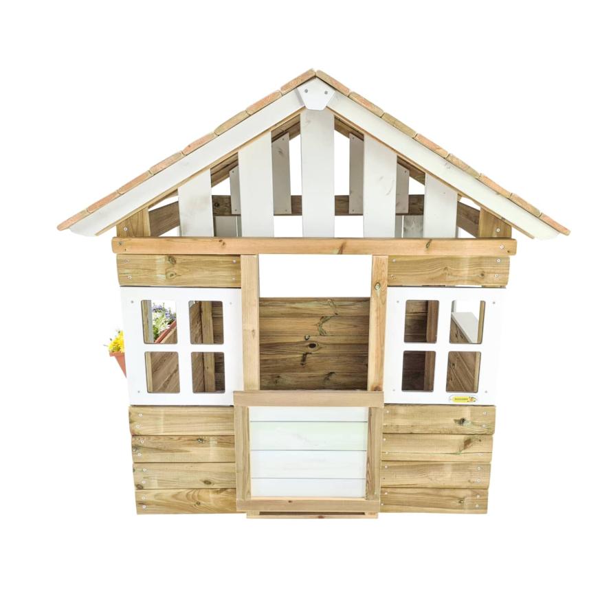 Bonita casa de madera para niños con banco, verja y buzón