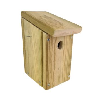 Casita nido para aves fabricada con madera tratada para exterior en autoclave nivel IV