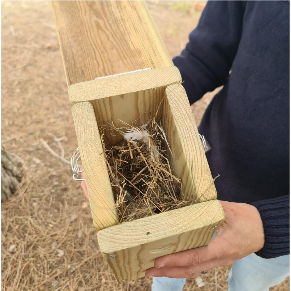 Caixa de ninhos de aves feita de madeira tratada para uso exterior.