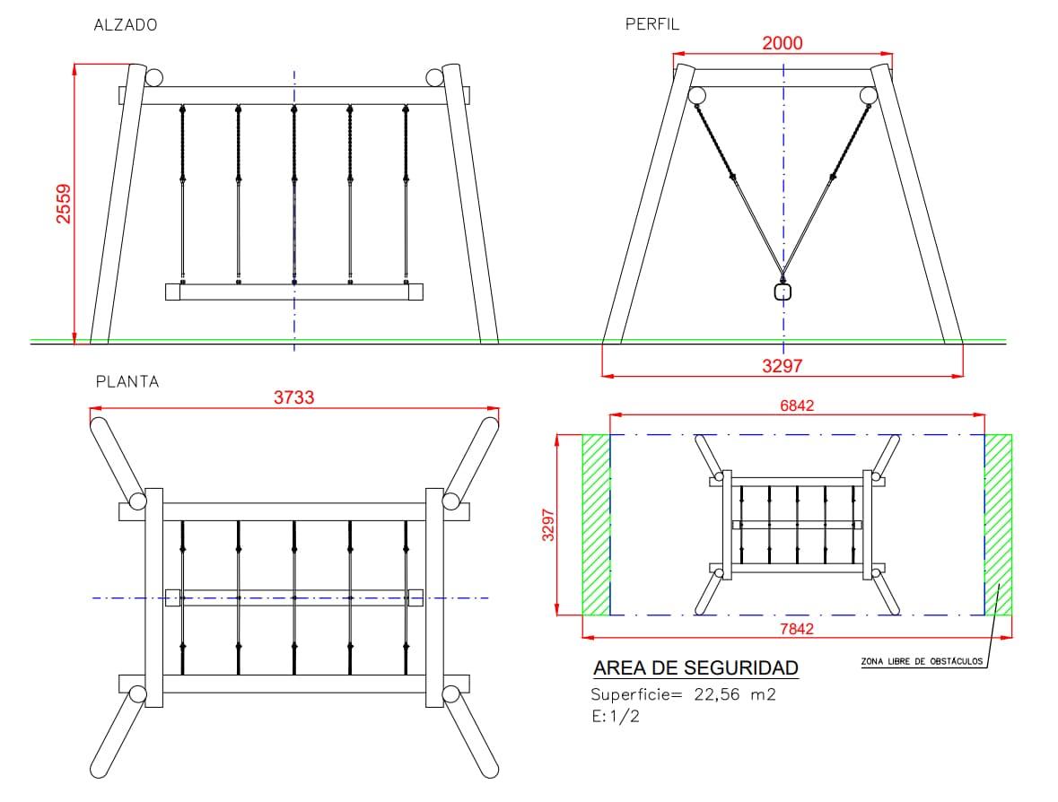Baloiço de madeira de robinia com barra oscilante e capacidade para 4 pessoas TAULL