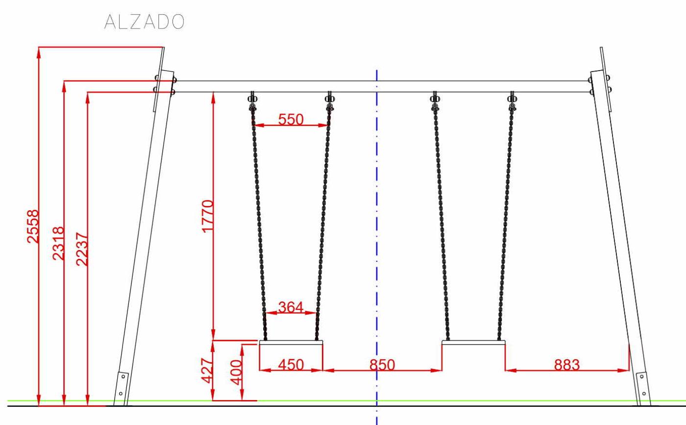 columpio biplaza larguero metálico y postes de madera homologado