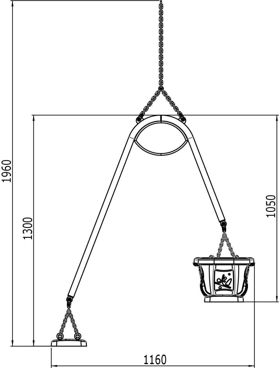 Asiento cara a cara CHAXI con asiento plano + asiento bebé oara columpio de uso público medidas vista lateral