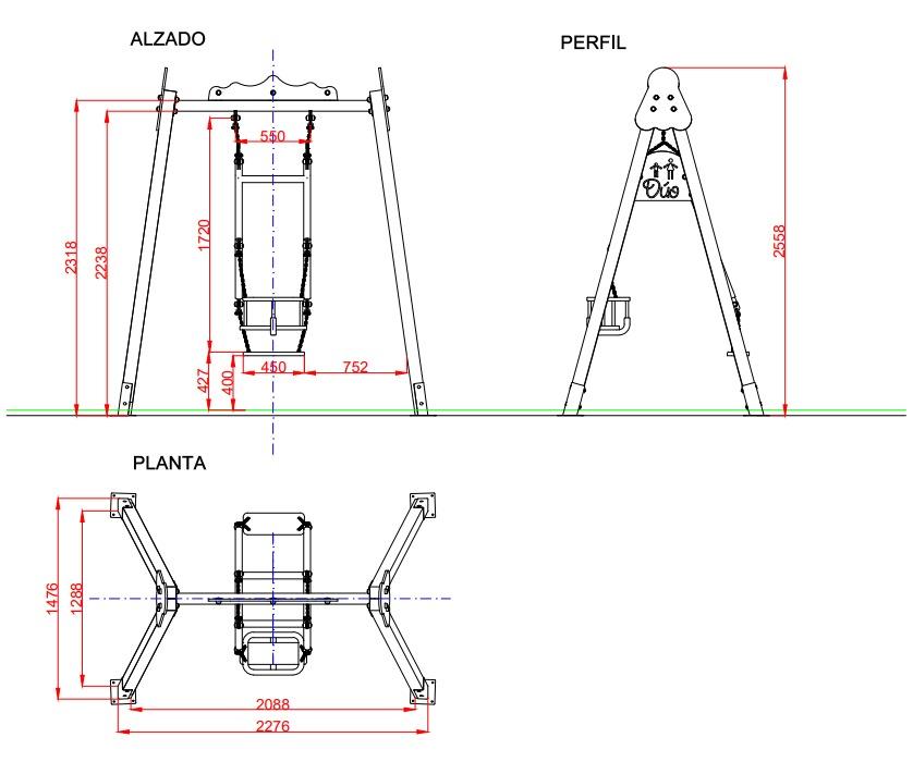 Columpio doble CHAXI con asiento plano + asiento de bebé uso público comercial medidas 2