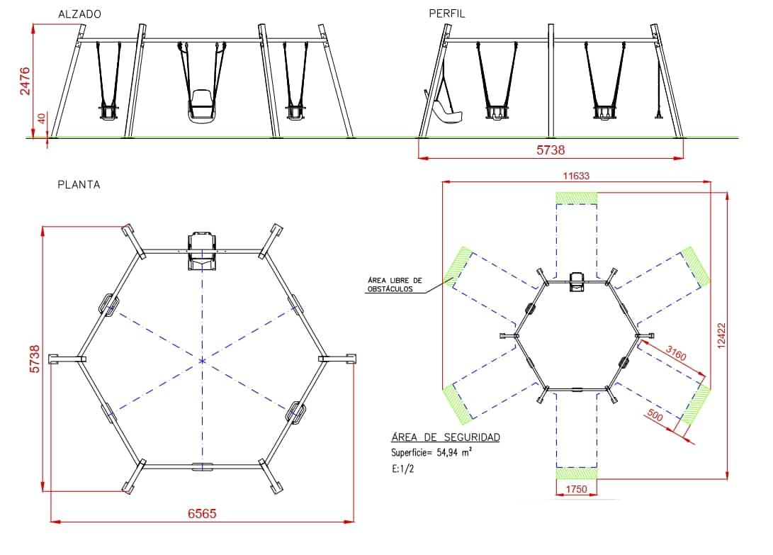 Columpio hexagonal homologado con diferentes combinaciones de asientos