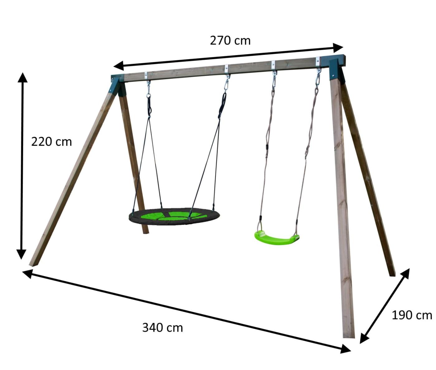 Columpio de madera cuadrada MASGAMES AKINA con asiento nido medidas