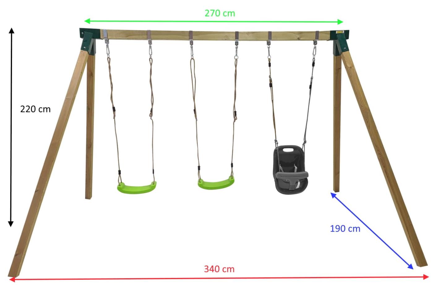 Columpio triple de madera cuadrada MASGAMES NORI con asiento de bebé