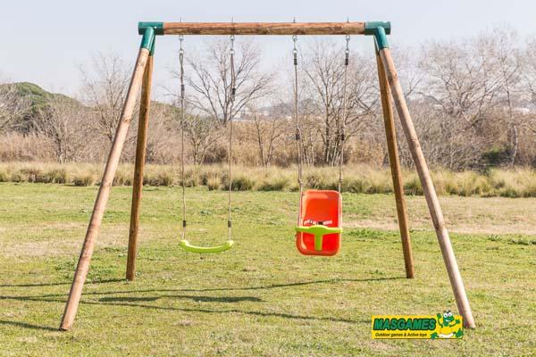 Baloiço duplo de madeira KIBO com asiento do bebe