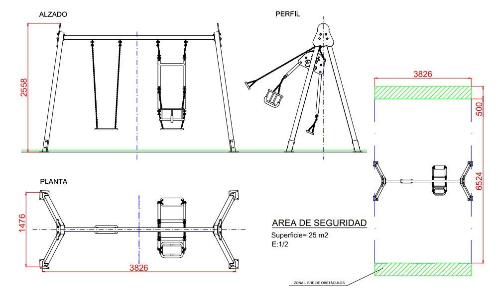 Columpio triple CHAXI con asientos mixtos para uso público comercial medidas 1