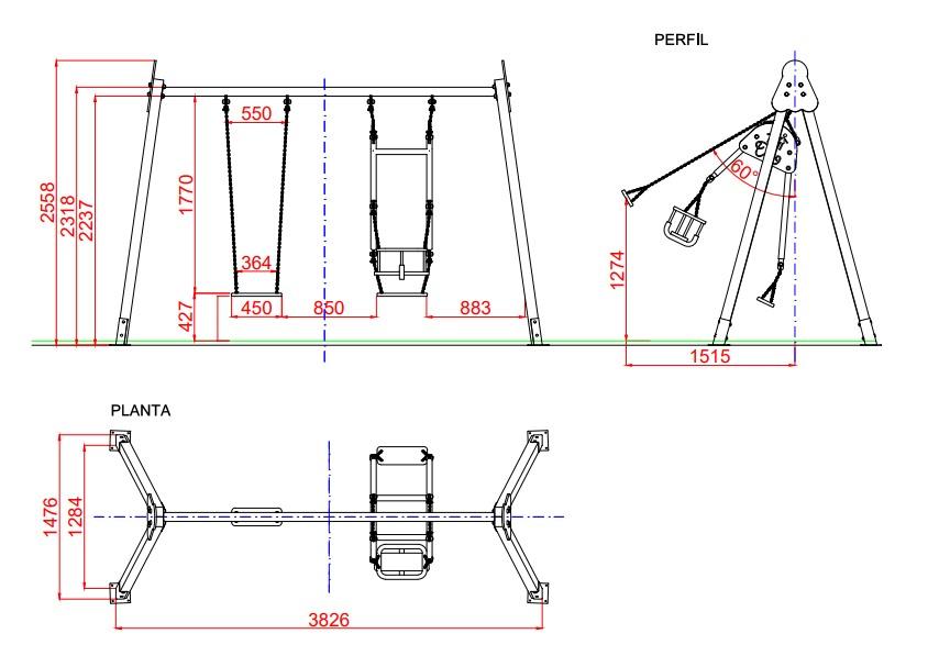 Gronxador triple CHAXI amb seients mixtes per a ús públic comercial mides 2