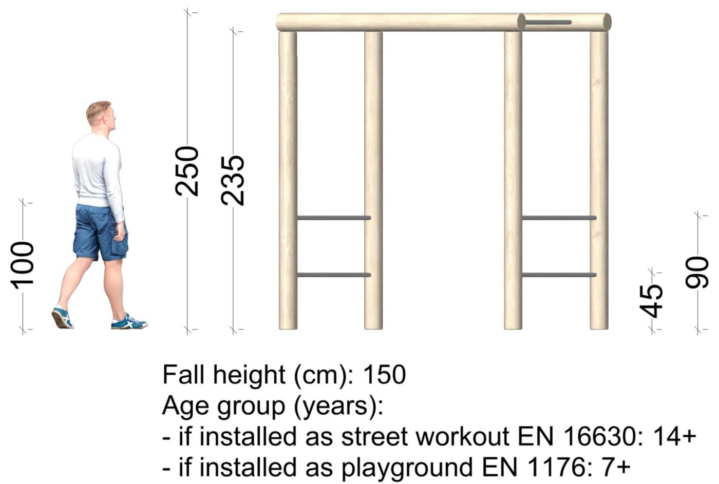 Escalera horizontal de calistenia de madeira de robinia