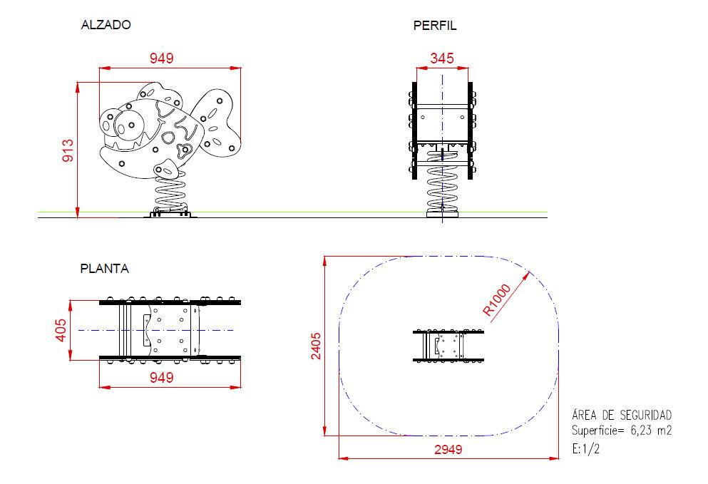 Balancín muelle individual PIRAÑA ADAPTADO de doble panel uso público comercial