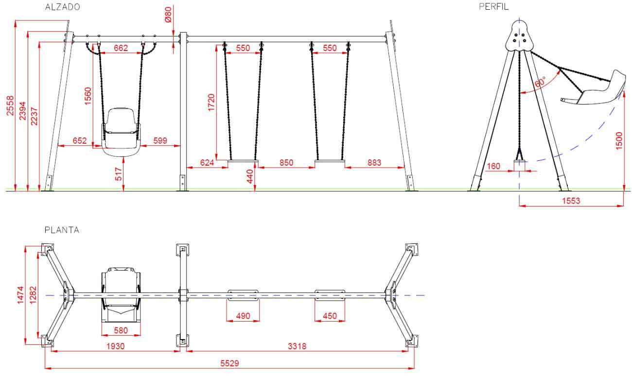 medidas 1 Columpio INOX BABILONIA doble + Asiento Inclusivo