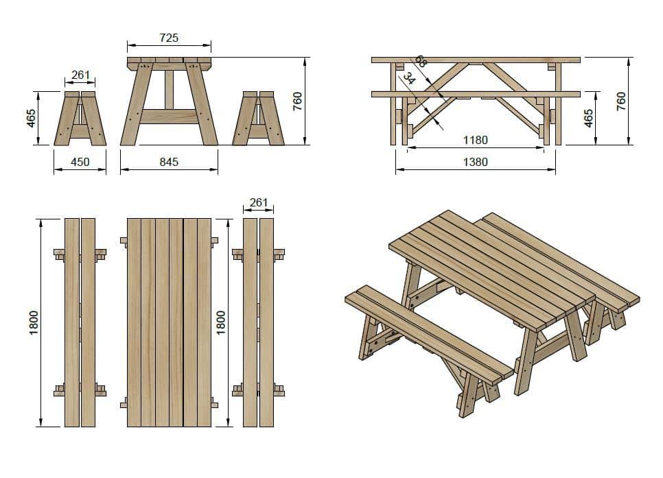 Mesa de picnic de madera con bancos independientes MASGAMES ZURICH medidas