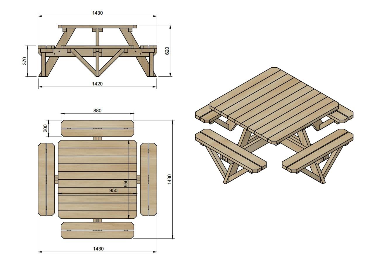 Mesa de picnic cuadrada infantil MASGAMES PERSIC de madera tratada para el exterior