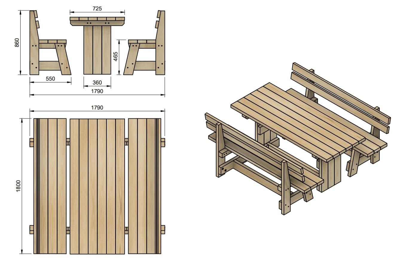 Taula de fusta exterior MASGAMES CALELLA amb bancs amb respatller MASGAMES VIC