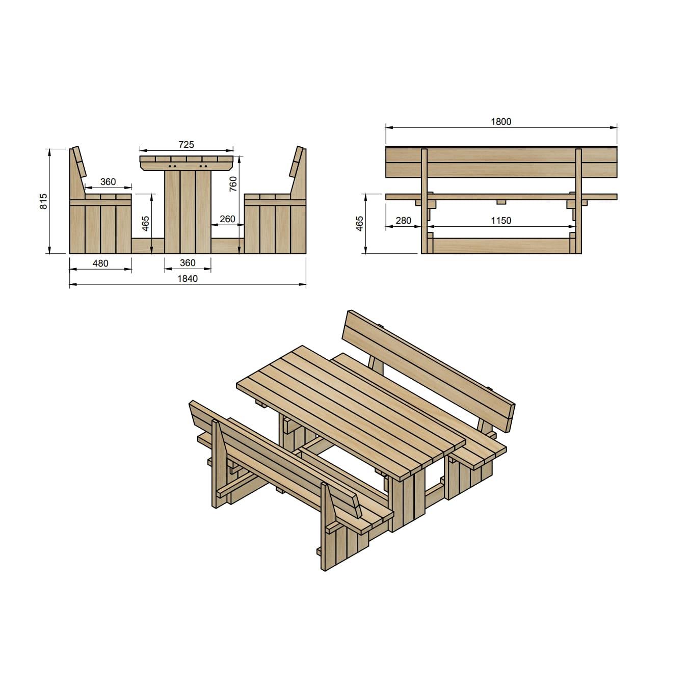 Mesa de picnic cuadrada de madera MASGAMES CANET con respaldo