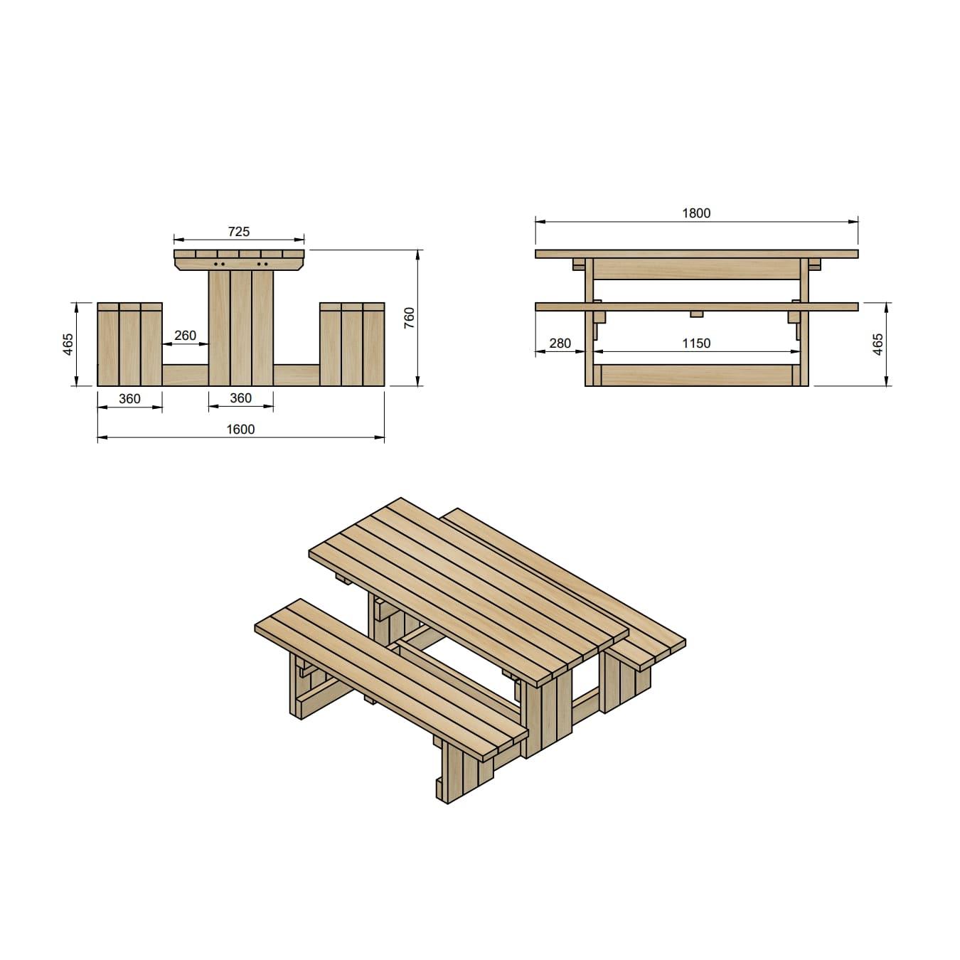Mesa de picnic cuadrada de madera MASGAMES CANET medidas