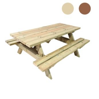 Taula de picnic MUNIC de fusta gruixuda de pi amb bancs per a escoles, restaurants, hotels, comunitats i campings