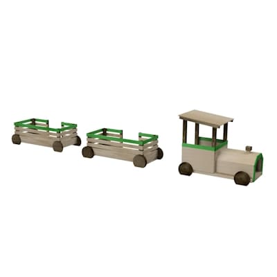 parc infantil de fusta en forma de tren amb locomotora i vagons