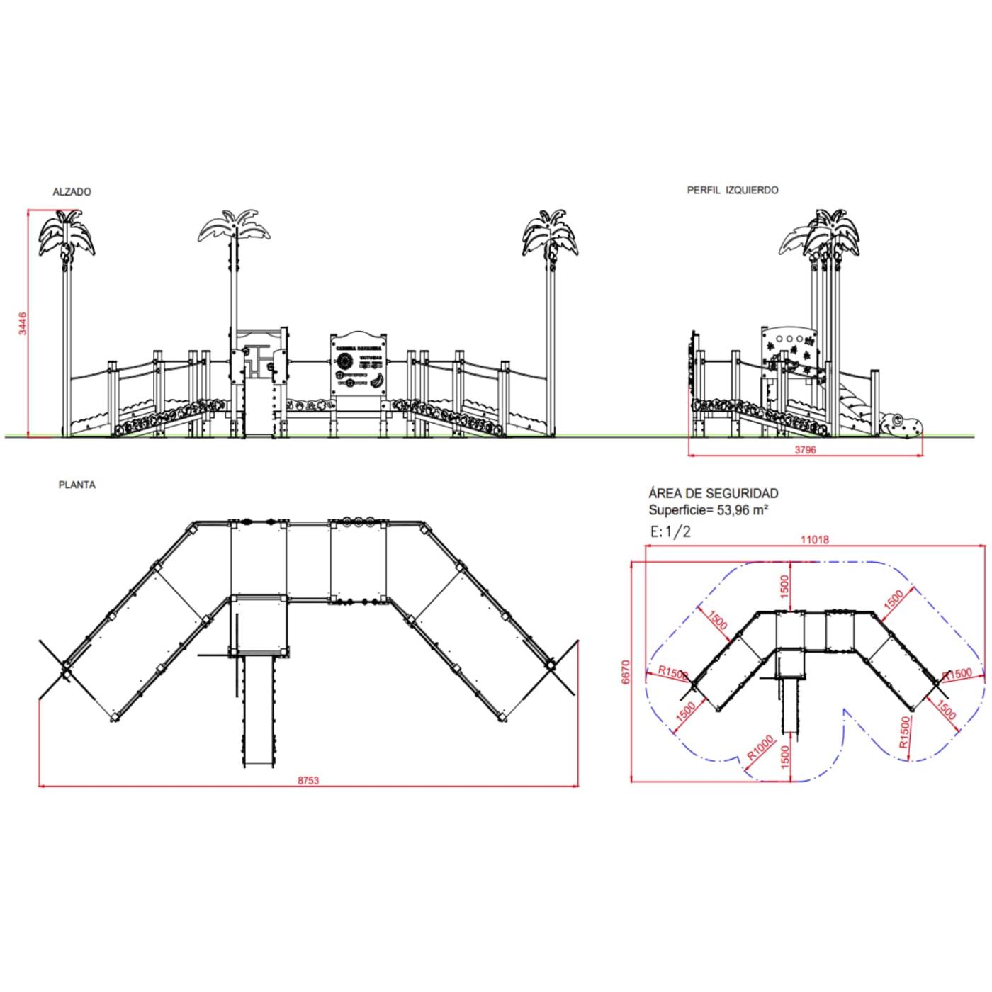 Parque infantil inclusivo para silla de ruedas Michoacán medidas y área de seguridad