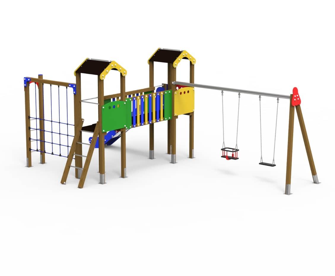 Parque infantil LIMA con columpio de dos asientos, una pasarela, un tobogán y una pared de esacalada.