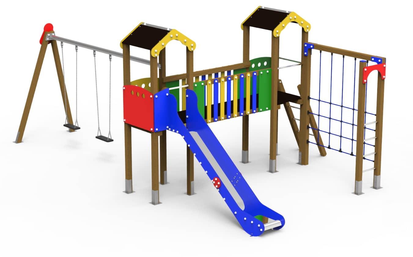 Parque infantil LIMA con columpio de dos asientos, una pasarela, un tobogán y una pared de esacalada.